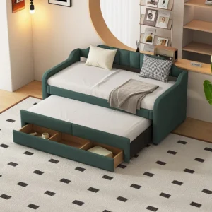Onderschuifbed 90 x 200 cm + 90 x 190 cm met 3 laden, dagbed - katoenen linnen stof - groene kleur Eenvoudig te Verplaatsen