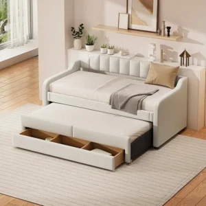 Onderschuifbed 90 x 200 cm + 90 x 190 cm met 3 laden, dagbed - katoenen linnen stof - natuurtint kleur Inklapbaar voor Opslag
