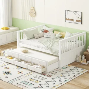 Uitschuifbare Onderschuifbed 140 x 200 cm + 90 x 190 cm met 3 laden - grenenhout + MDF - wit