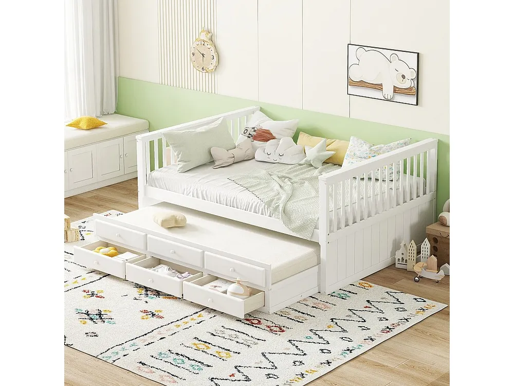 Uitschuifbare Onderschuifbed 140 x 200 cm + 90 x 190 cm met 3 laden - grenenhout + MDF - wit