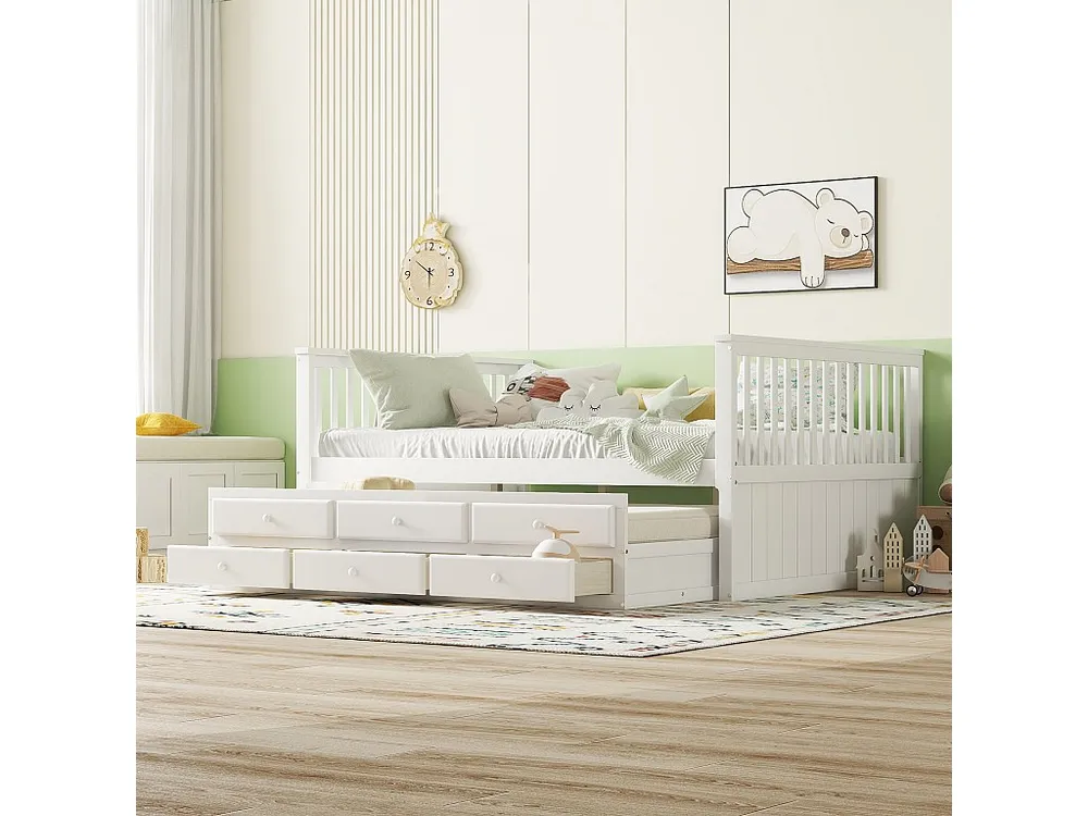 Uitschuifbare Onderschuifbed 140 x 200 cm + 90 x 190 cm met 3 laden - grenenhout + MDF - wit