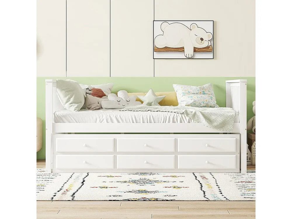 Uitschuifbare Onderschuifbed 140 x 200 cm + 90 x 190 cm met 3 laden - grenenhout + MDF - wit