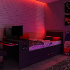 Uitschuifbed 2 x 90 x 200 - Met bureau - Ledverlichting - Antraciet en rood - Koop nu Eenvoudig te Verplaatsen