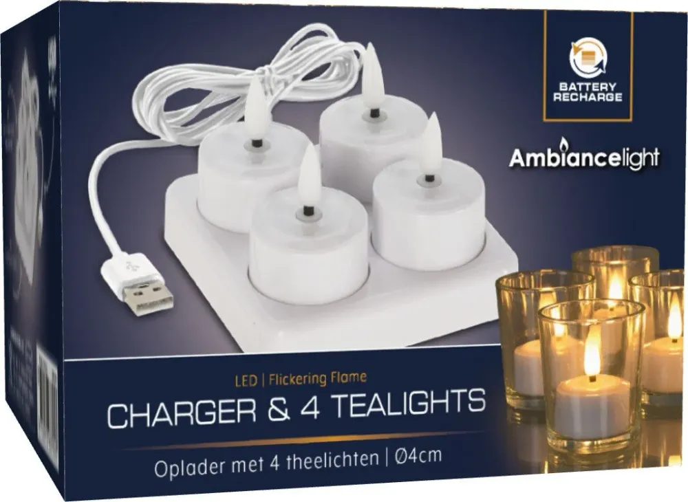 Ambiancelight Lader Met Oplaadbare 4 Led Theelichten