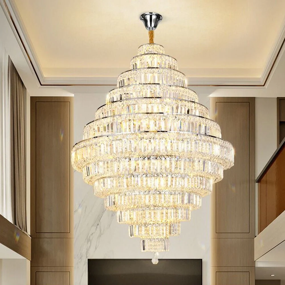 Luxe Design Lobby Kristallen Kroonluchter Lange Trap Inrichting Silver ATY Home Decor