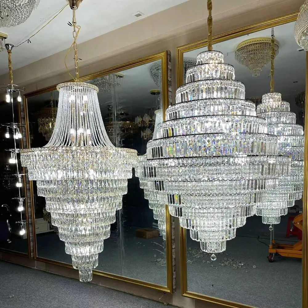Luxe Design Lobby Kristallen Kroonluchter Lange Trap Inrichting Silver ATY Home Decor