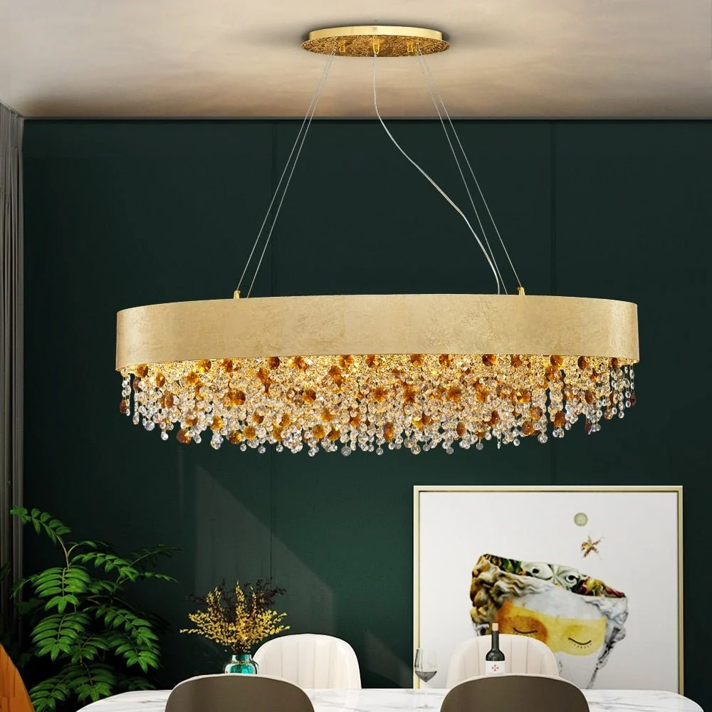 Moderne Kristallen Kroonluchter Voor Eetkamer Goud Hangende Verlichting LED Lamp Rond Luxe Home Decor L80xw28xh36cm ATY Ho...