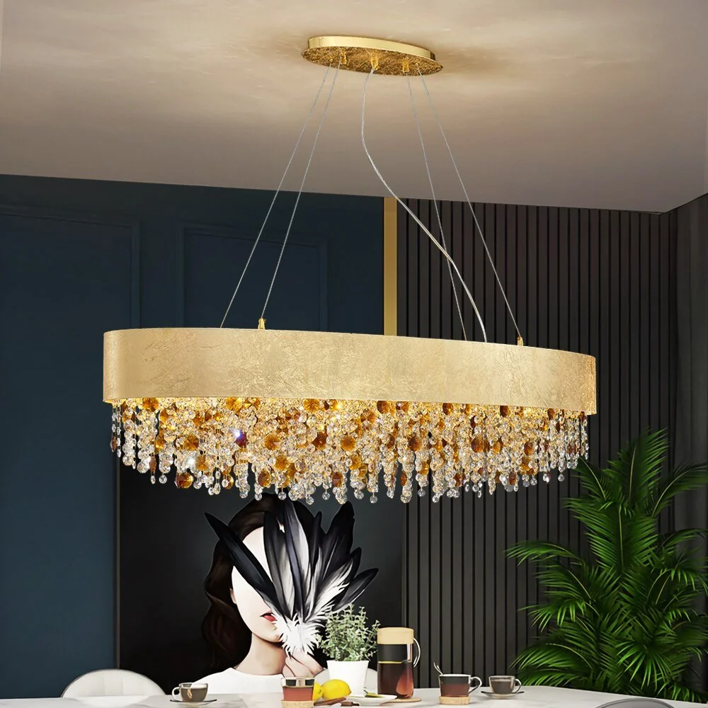 Moderne Kristallen Kroonluchter Voor Eetkamer Goud Hangende Verlichting LED Lamp Rond Luxe Home Decor L80xw28xh36cm ATY Ho...