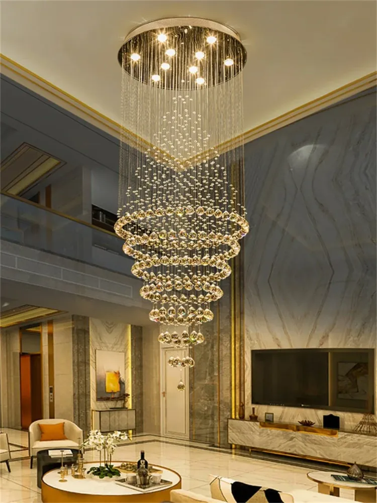 Moderne LED Crystal Villa Kroonluchter Droplight Lange Ronde Kristalverlichting Silver ATY Home Decor