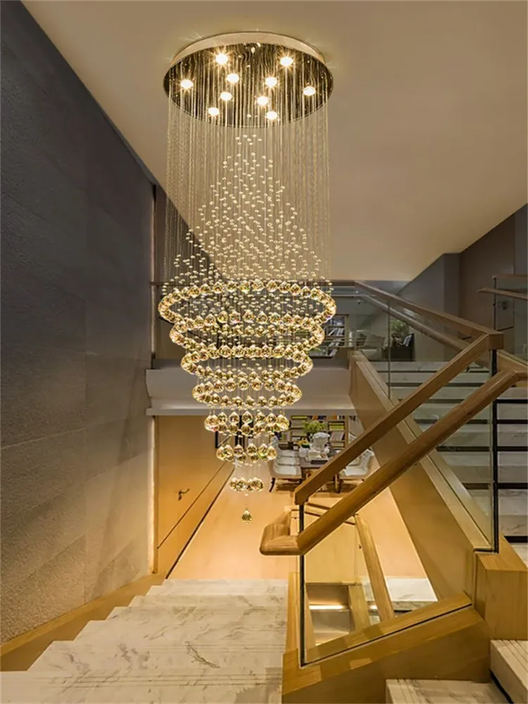 Moderne LED Crystal Villa Kroonluchter Droplight Lange Ronde Kristalverlichting Silver ATY Home Decor