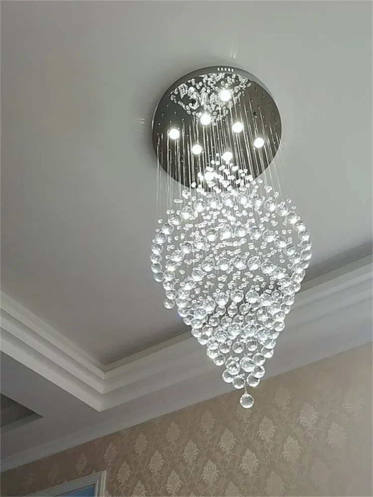 Moderne LED Crystal Villa Kroonluchter Droplight Lange Ronde Kristalverlichting Silver ATY Home Decor