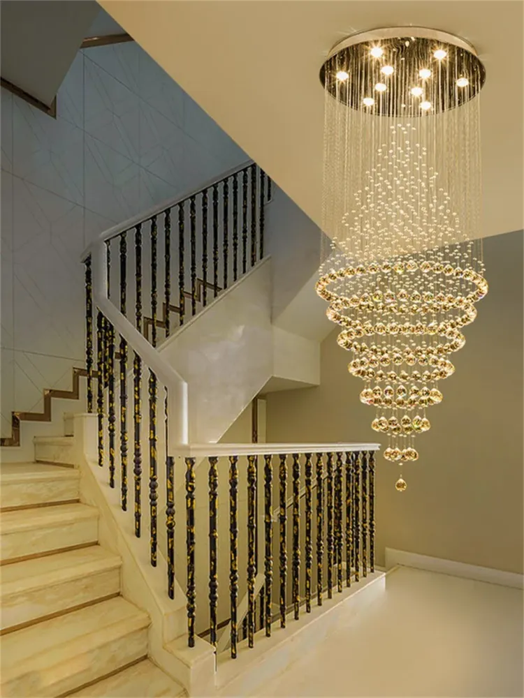 Moderne LED Crystal Villa Kroonluchter Droplight Lange Ronde Kristalverlichting Silver ATY Home Decor