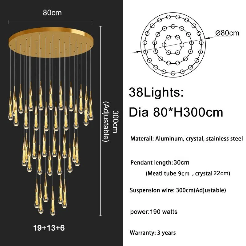 Moderne Waterdruppel Led Kristallen Kroonluchter Voor Trap Woonkamer 60cm28lightsspiral ATY Home Decor