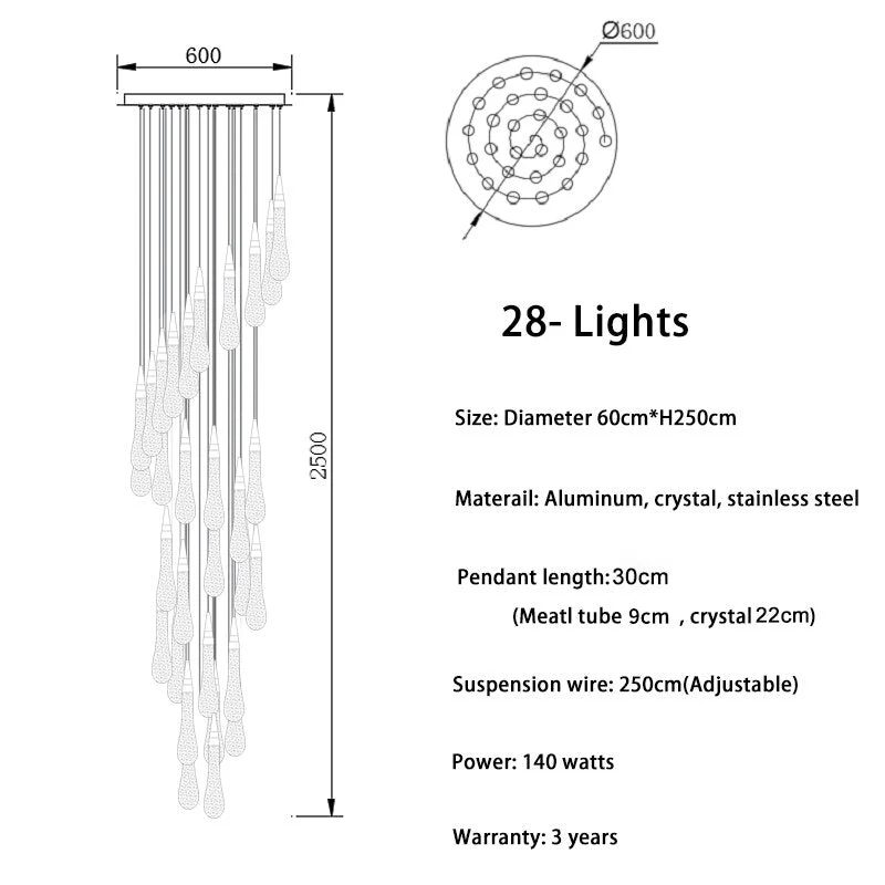 Moderne Waterdruppel Led Kristallen Kroonluchter Voor Trap Woonkamer 60cm28lightsspiral ATY Home Decor