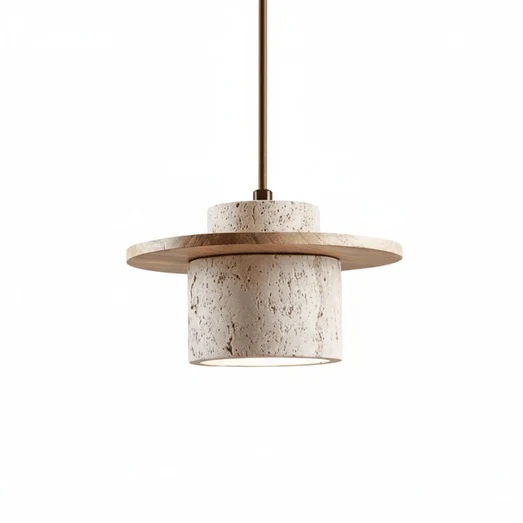 Hanglamp Scandinavisch met Travertijn Kap en Houten Schijf Bonuze