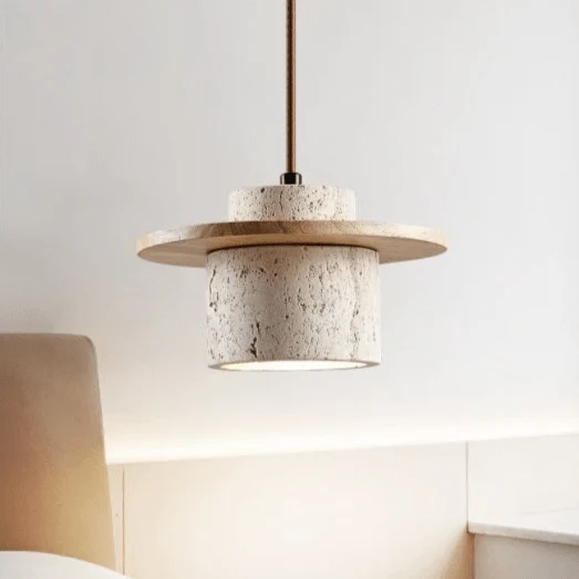 Hanglamp Scandinavisch met Travertijn Kap en Houten Schijf Bonuze