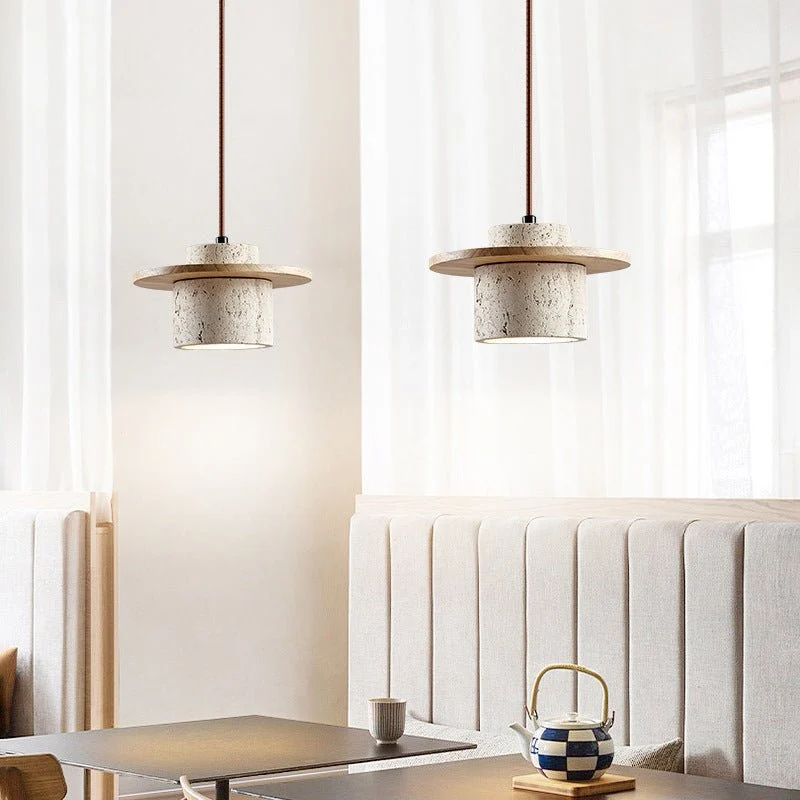 Hanglamp Scandinavisch met Travertijn Kap en Houten Schijf Bonuze
