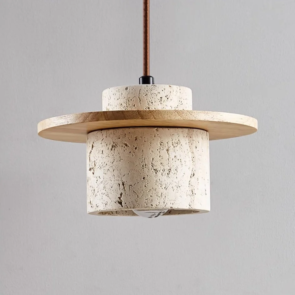 Hanglamp Scandinavisch met Travertijn Kap en Houten Schijf Bonuze