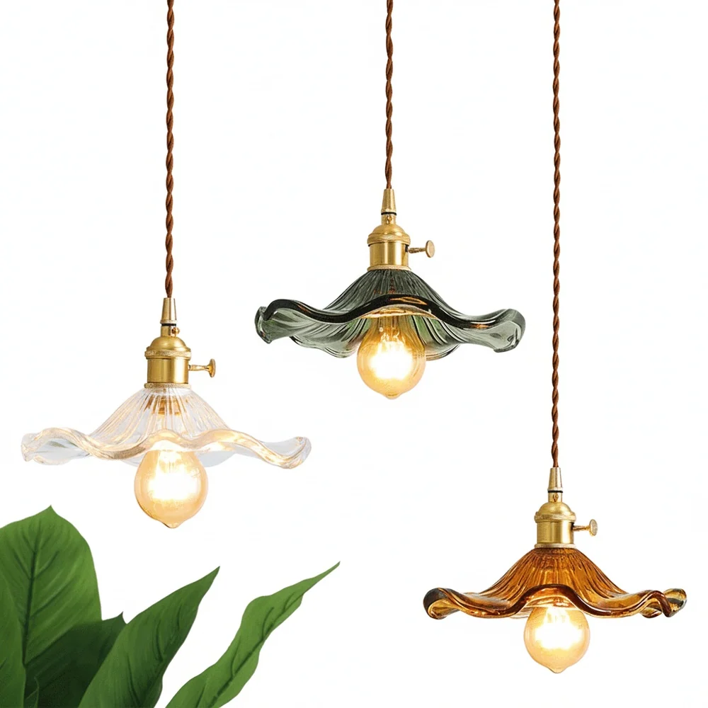 Hanglamp Vintage met Bloemvormige Glazen Kap en Messing Fitting Bonuze