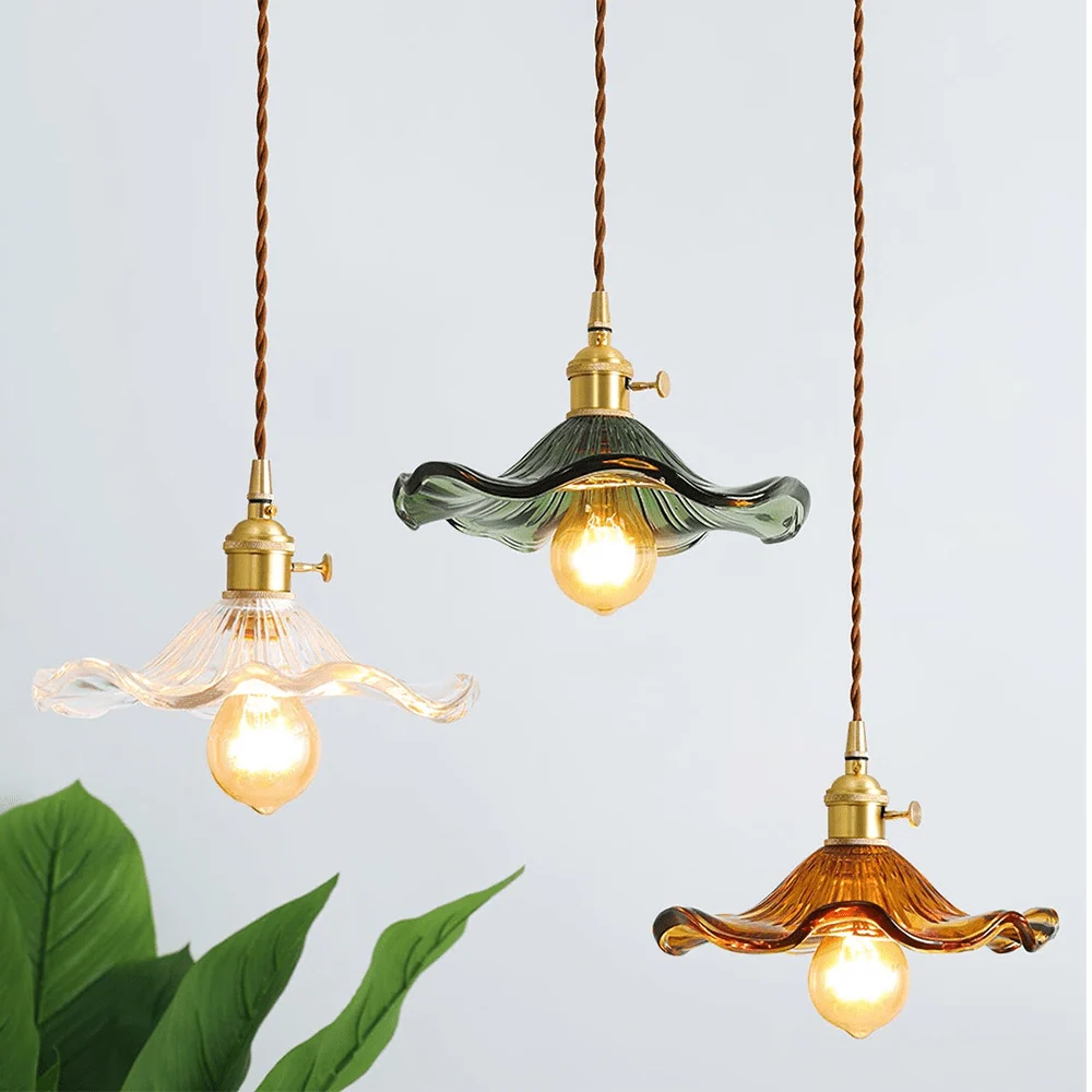 Hanglamp Vintage met Bloemvormige Glazen Kap en Messing Fitting Bonuze