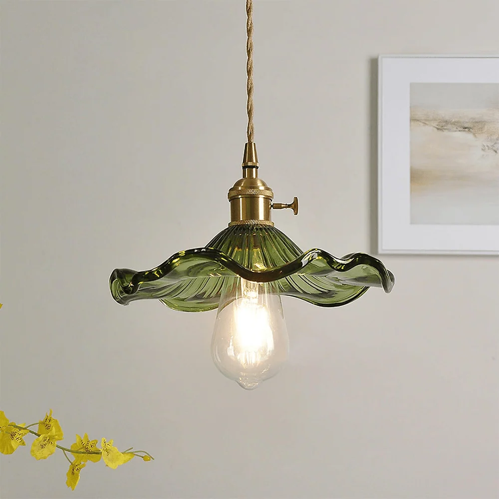 Hanglamp Vintage met Bloemvormige Glazen Kap en Messing Fitting Bonuze
