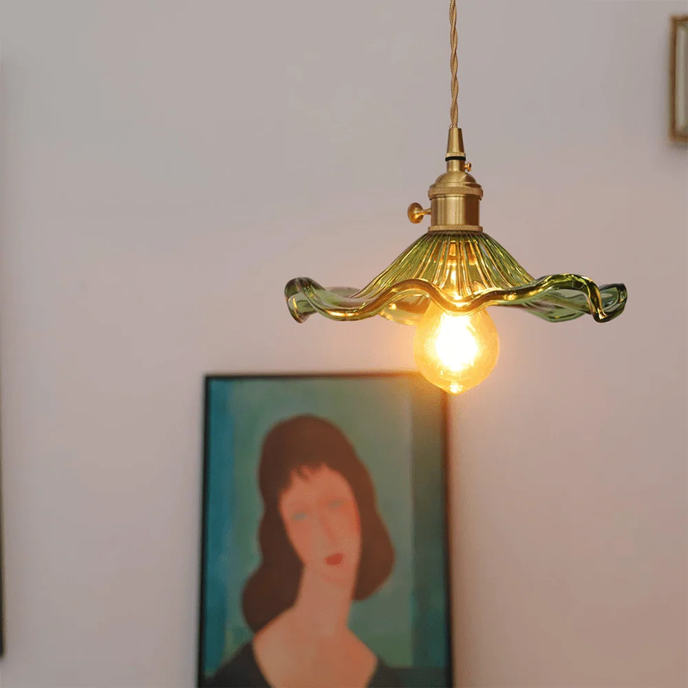 Hanglamp Vintage met Bloemvormige Glazen Kap en Messing Fitting Bonuze