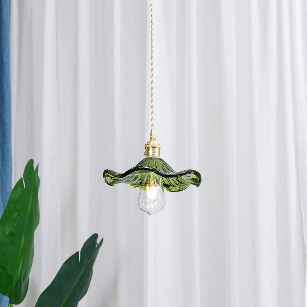 Hanglamp Vintage met Bloemvormige Glazen Kap en Messing Fitting Bonuze