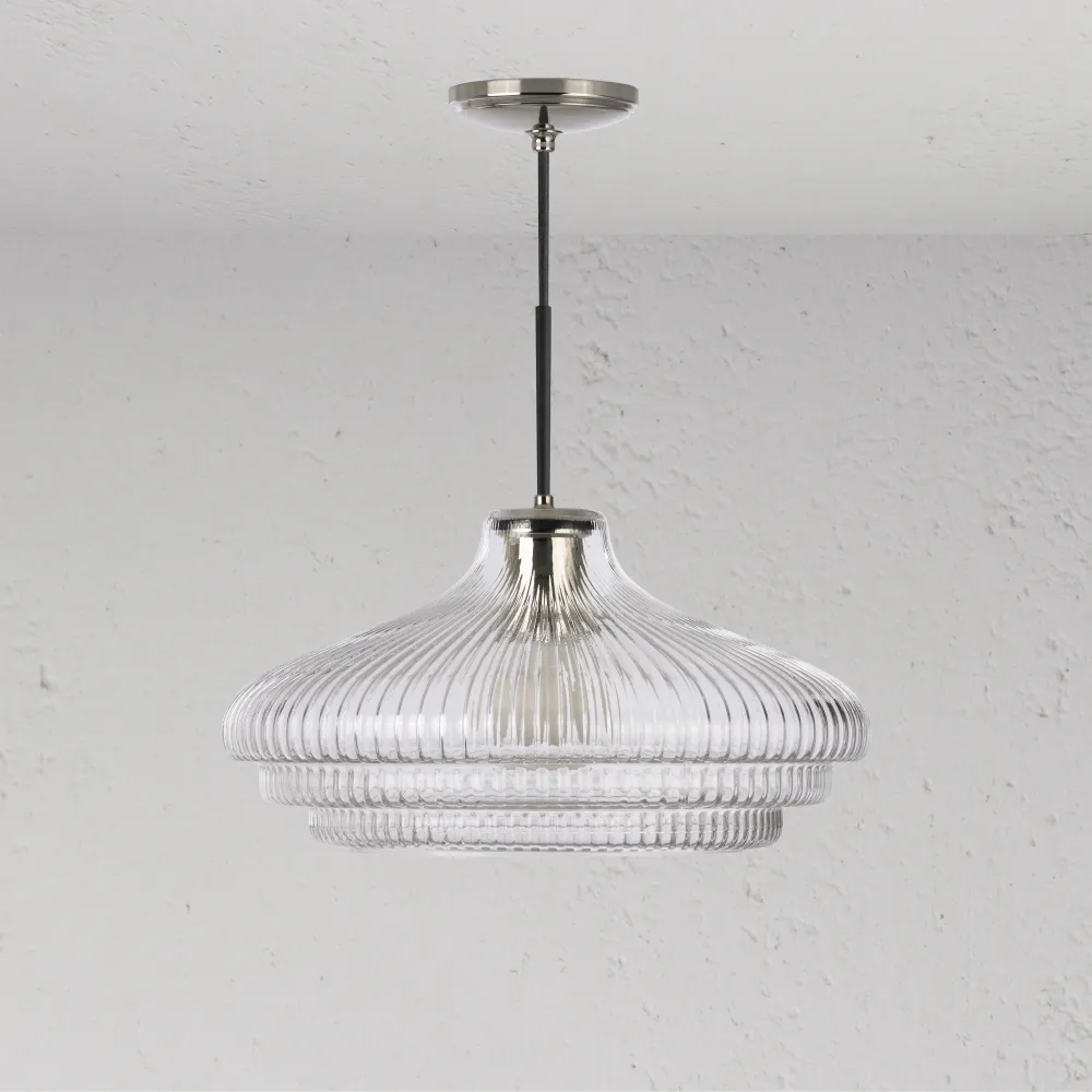 Brookfield Grote Hanglamp Geribbeld Glas - Gepolijst Nikkel