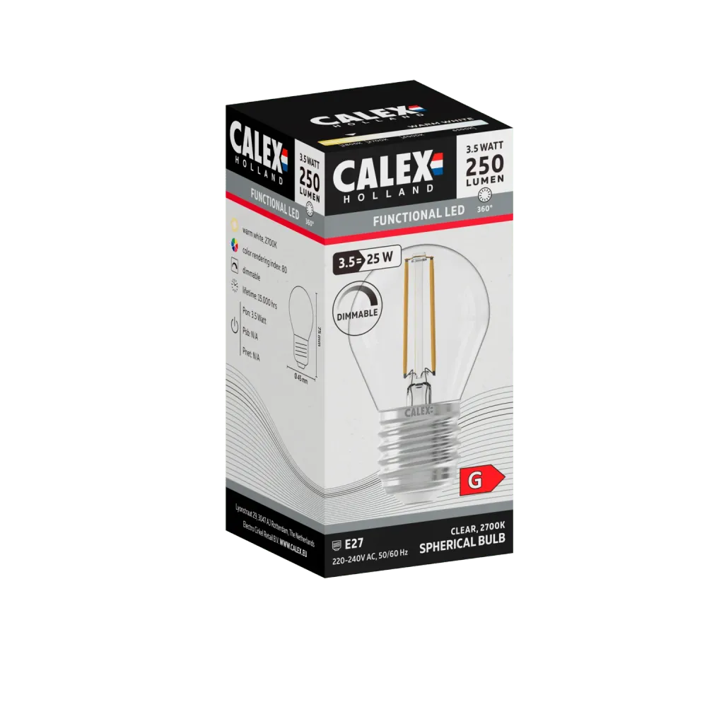 Calex Filament LED Lamp - E27 - P45 - Helder