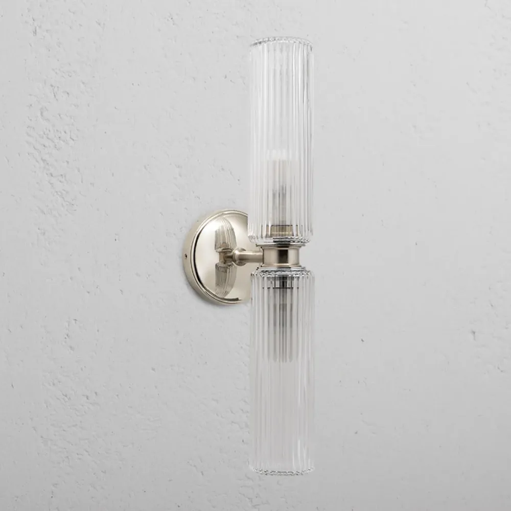 Claremont Medium Wandlamp Geribbeld Glas - Gepolijst Nikkel