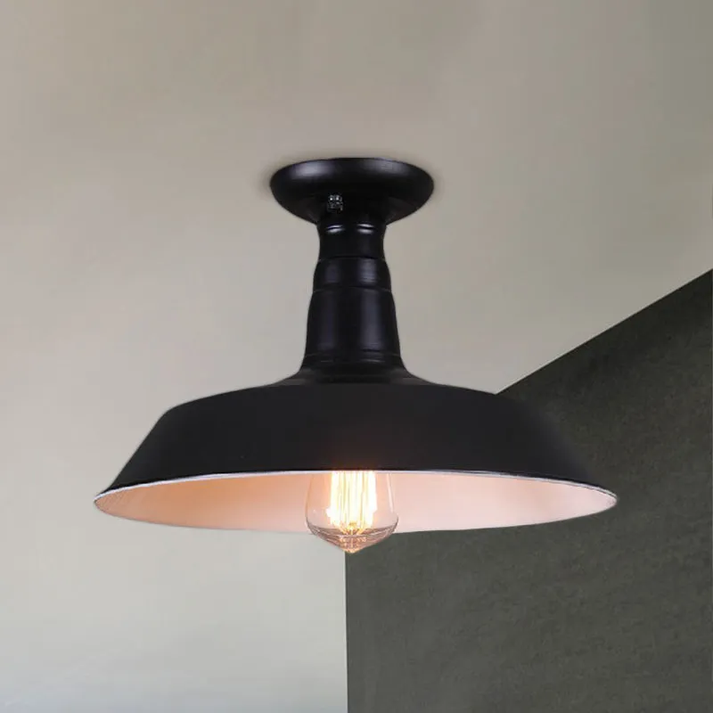10"/14" diam. 1 lamp semi-inbouwlamp industriële schuurschaduw metallic dicht bij plafondlamp zwart Clearhalo
