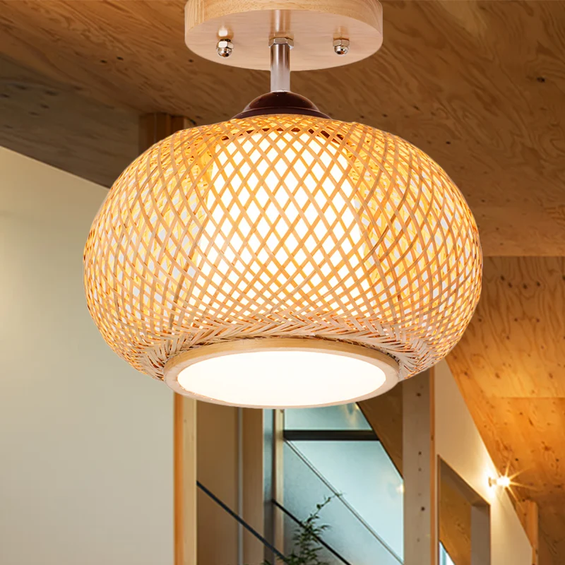 10"/14"/16" brede lantaarn semi-inbouw traditioneel bamboehout 1 lamp inbouw plafondarmatuur Clearhalo