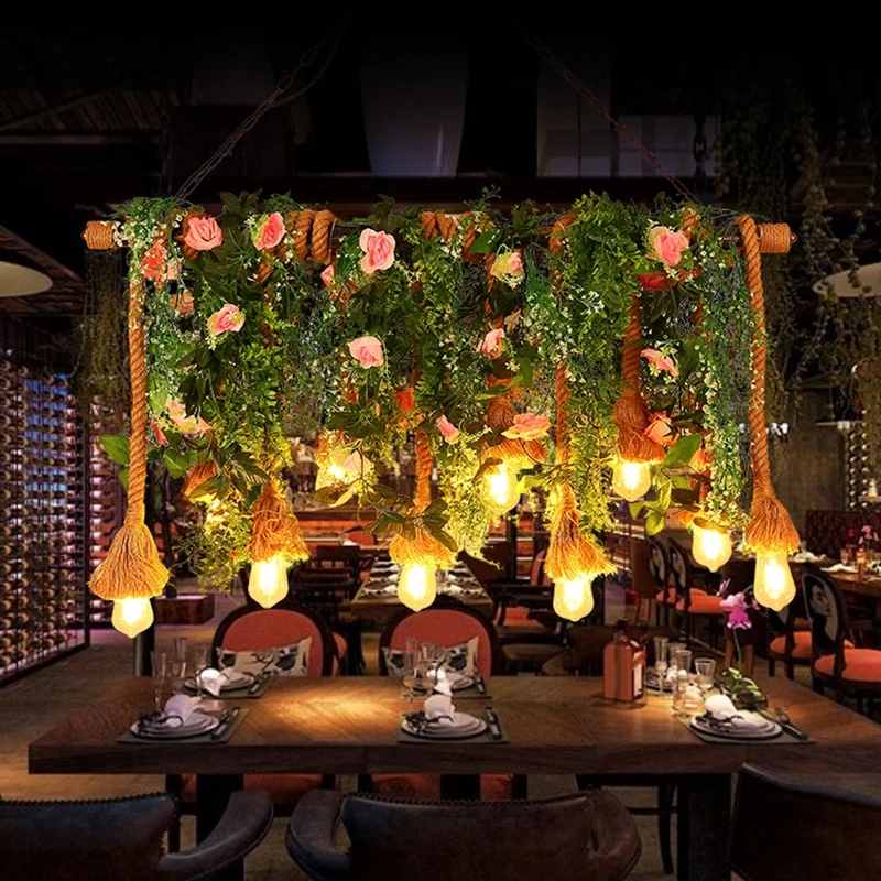 10-koppige zichtbare hanglamp Lodge bruin henneptouw eilandlicht met groene plantendecoratie Clearhalo