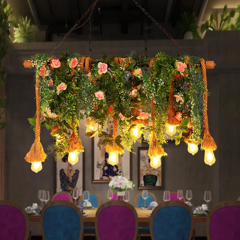10-koppige zichtbare hanglamp Lodge bruin henneptouw eilandlicht met groene plantendecoratie Clearhalo