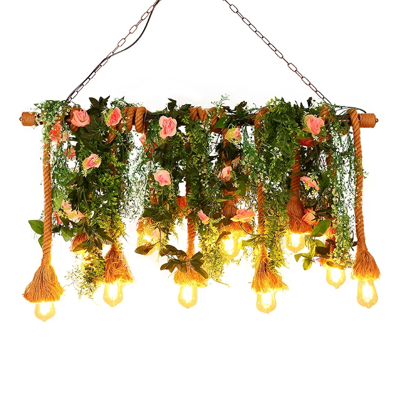 10-koppige zichtbare hanglamp Lodge bruin henneptouw eilandlicht met groene plantendecoratie Clearhalo