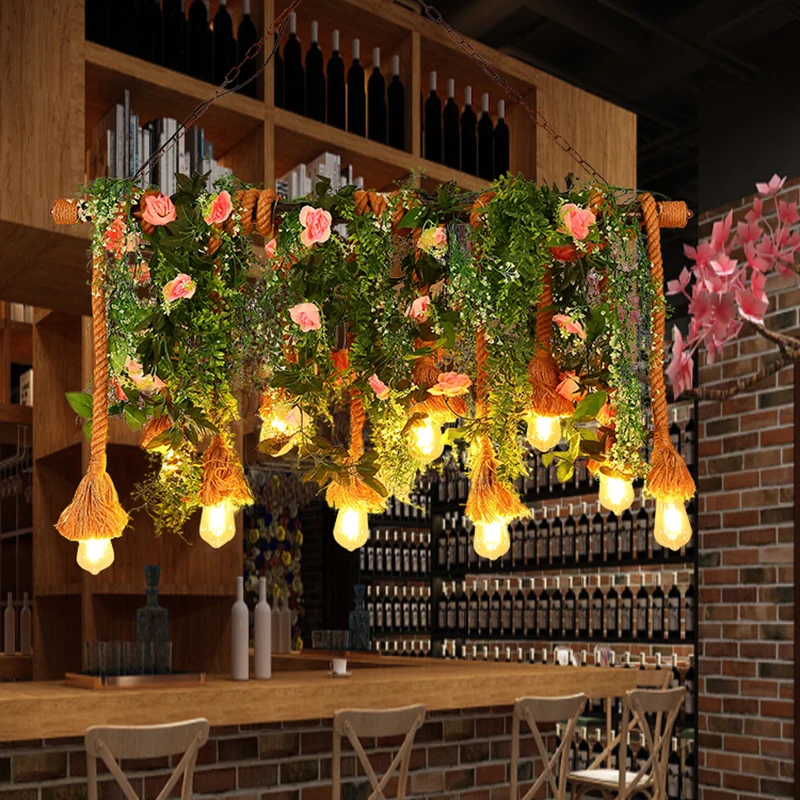 10-koppige zichtbare hanglamp Lodge bruin henneptouw eilandlicht met groene plantendecoratie Clearhalo