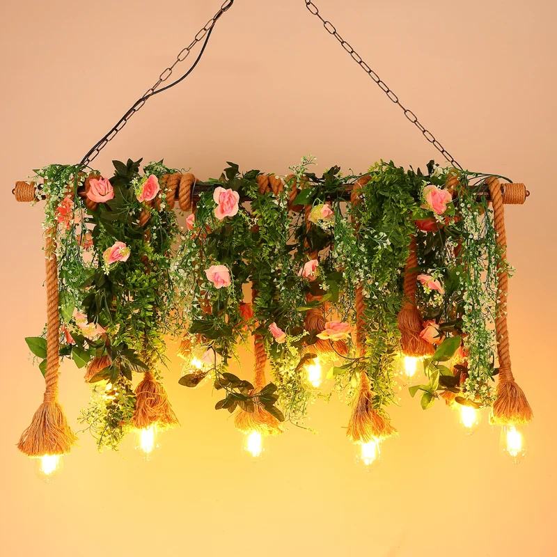 10-koppige zichtbare hanglamp Lodge bruin henneptouw eilandlicht met groene plantendecoratie Clearhalo