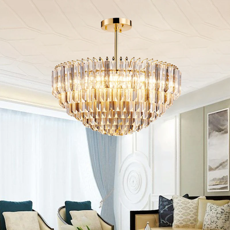 10-lichts conische semi-gemonteerde verlichting modernistische gouden gefacetteerde kristallen plafondlamp met gelaagd ont...