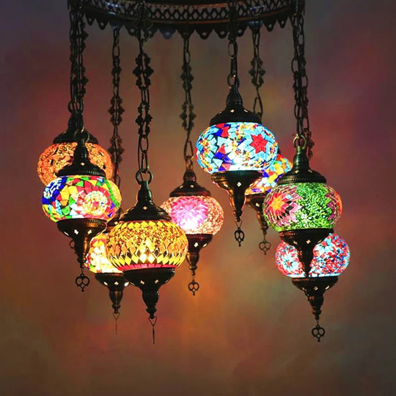 10-lichts ovale kroonluchterlamp Bohemen-stijl rood/geel/oranje glas--lood-downverlichting met rond ontwerp Clearhalo