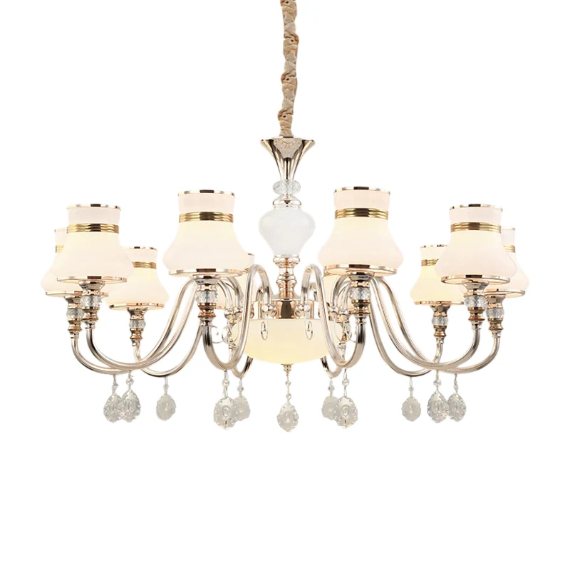 10-lichts uitlopende plafondkroonluchter, moderne goudkleurige hanglamp van mat glas met kristallen draperingen Clearhalo