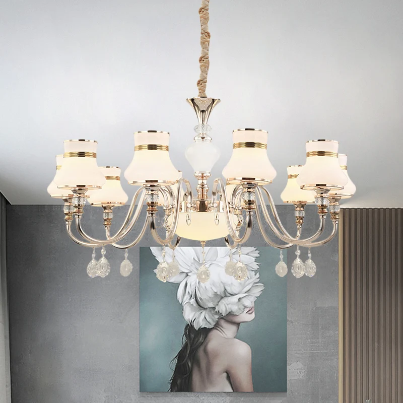 10-lichts uitlopende plafondkroonluchter, moderne goudkleurige hanglamp van mat glas met kristallen draperingen Clearhalo