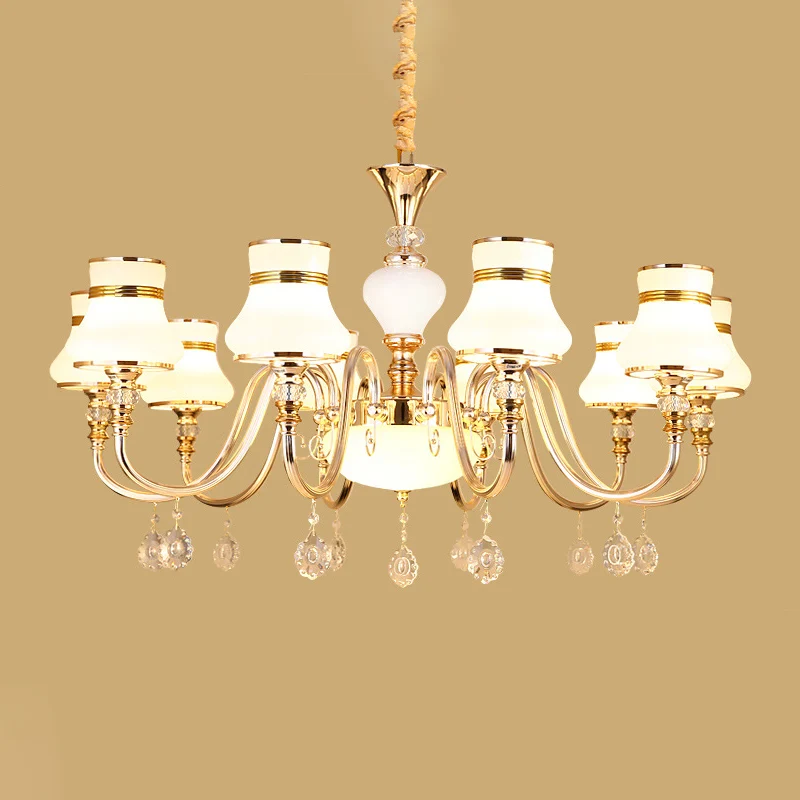 10-lichts uitlopende plafondkroonluchter, moderne goudkleurige hanglamp van mat glas met kristallen draperingen Clearhalo