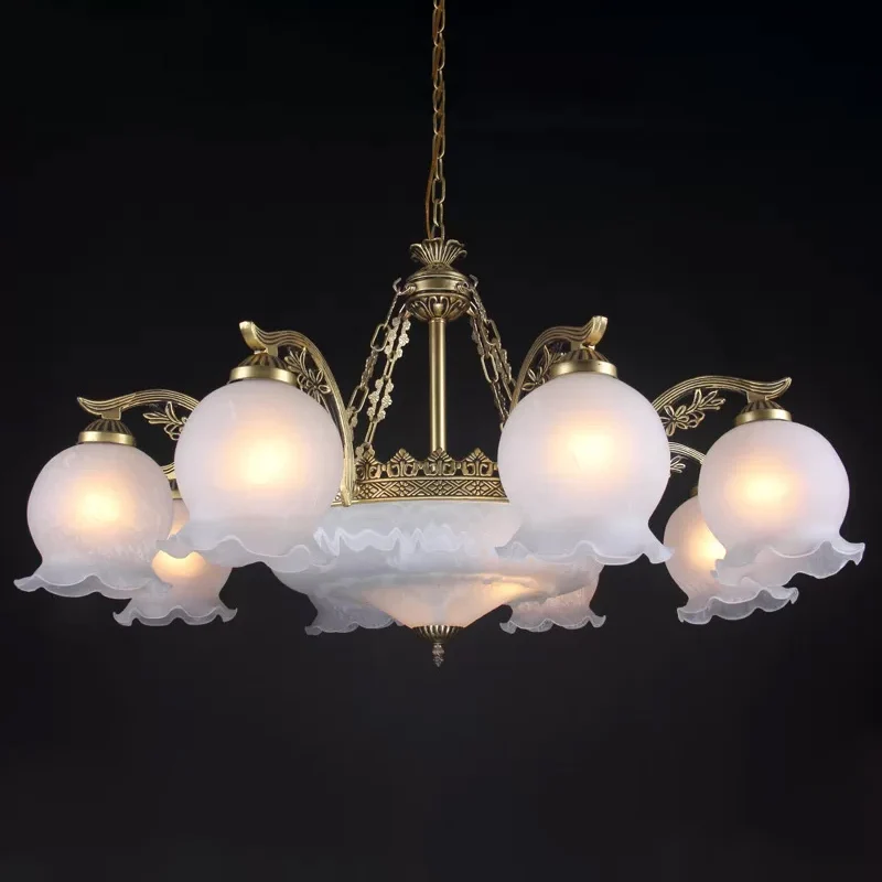 11-lamps gegolfde kroonluchter boerderij brons wit glas hangende plafondlamp Clearhalo