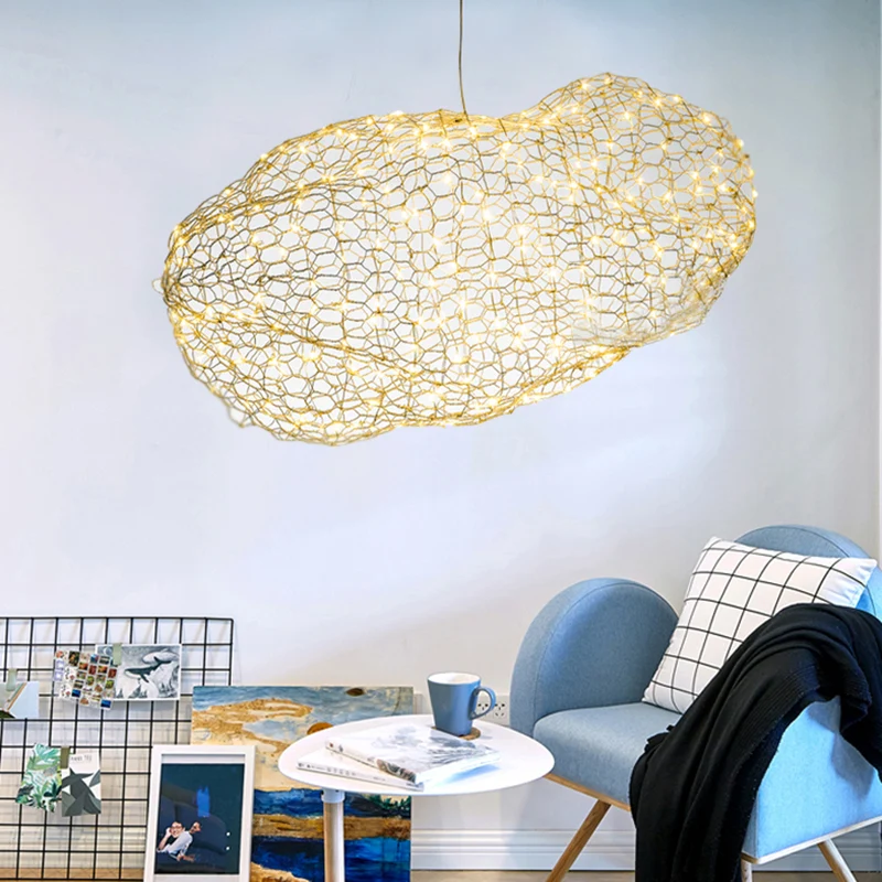 12"/16" W wolkvormige kroonluchterlamp met gaasscherm modernistische metalen LED chroom hanglamp, warm/wit licht Clearhalo