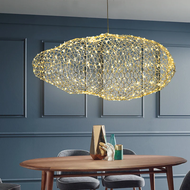 12"/16" W wolkvormige kroonluchterlamp met gaasscherm modernistische metalen LED chroom hanglamp, warm/wit licht Clearhalo