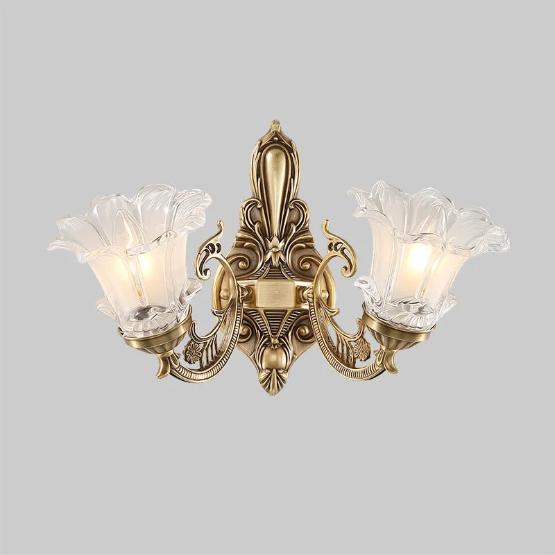 1/2-koppige bloemenwandlamp vintage messing helder gecanneleerd glas gebogen arm wandkandelaar verlichting voor woonkamer...
