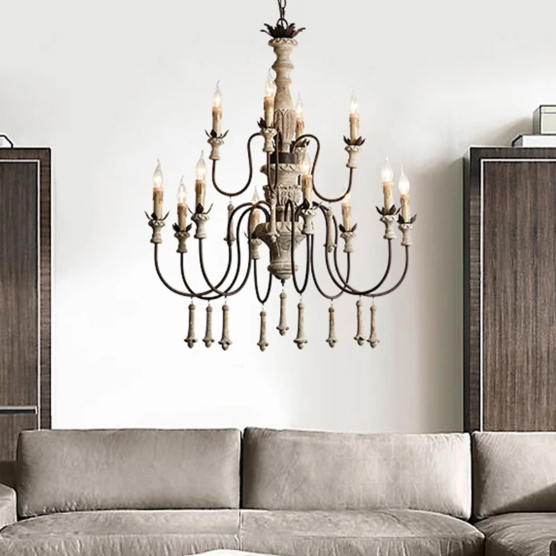 12-koppige houten kroonluchter, landelijk bruin, 2-laags woonkamer hanglamp met gebogen metalen arm Clearhalo