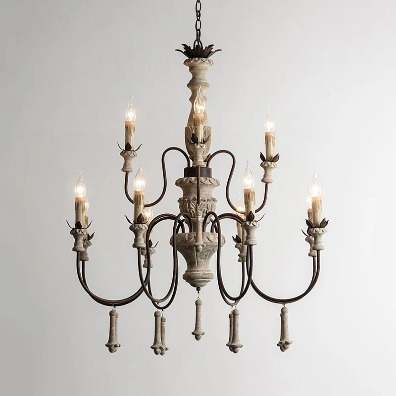 12-koppige houten kroonluchter, landelijk bruin, 2-laags woonkamer hanglamp met gebogen metalen arm Clearhalo