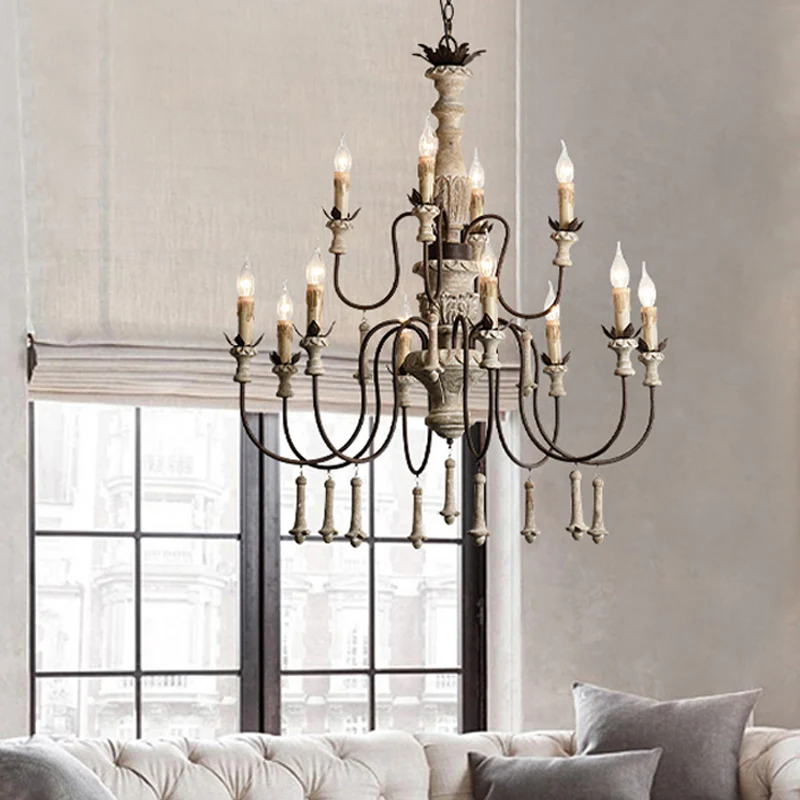 12-koppige houten kroonluchter, landelijk bruin, 2-laags woonkamer hanglamp met gebogen metalen arm Clearhalo