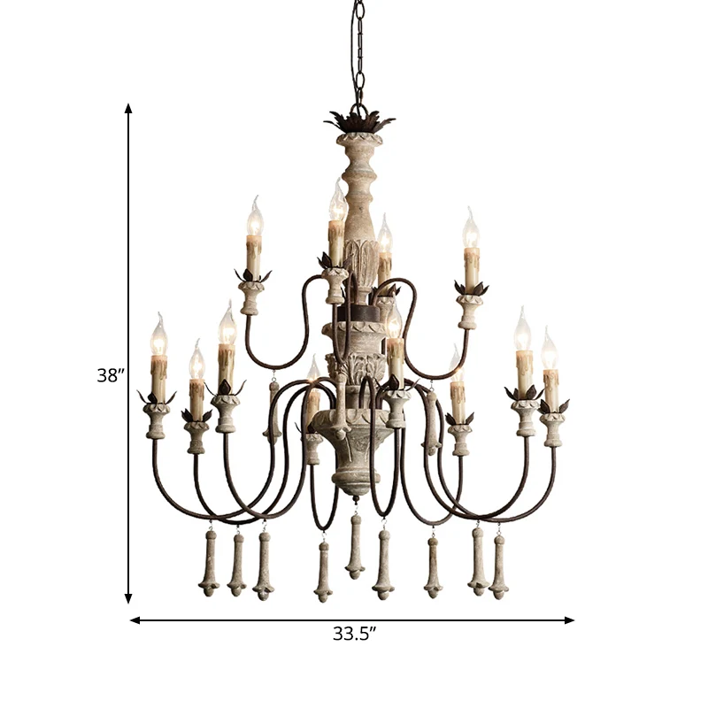 12-koppige houten kroonluchter, landelijk bruin, 2-laags woonkamer hanglamp met gebogen metalen arm Clearhalo